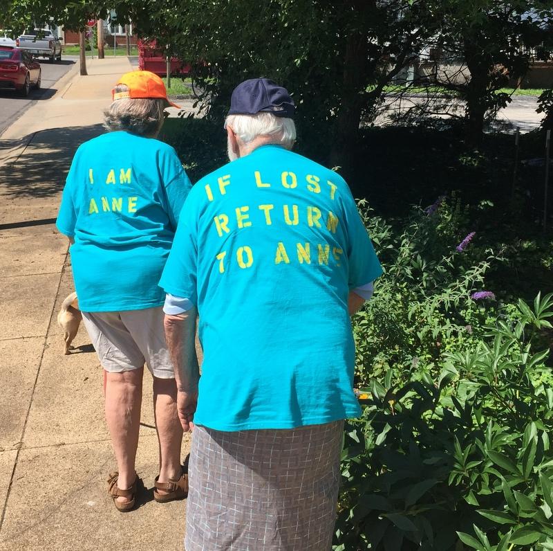 Many Alzheimers patients often forget what theyre doing and where theyre going. This couple half joking, half serious, wore these shirts during and Alzheimers awareness walk. 